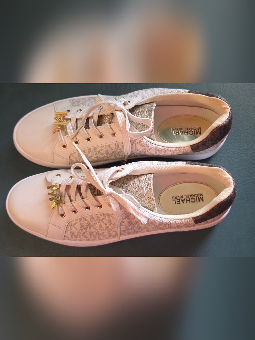 Michael Kors White and Gold Logo-Print Lace-Up Sneakers